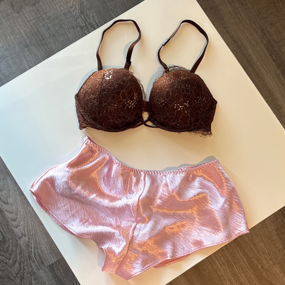 New Push up Brown Lace Bra and Pink Satin Shorts Set